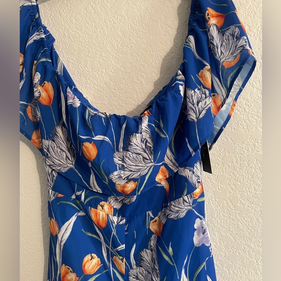 Lulus Waimea Royal Blue Floral Print Off-the-Shoulder Romper size medium - Picture 2 of 7